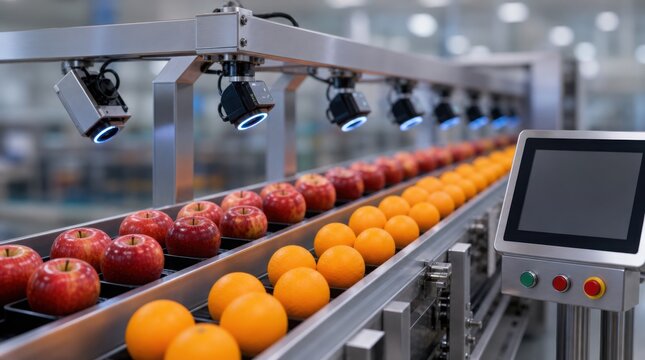 Apples and oranges are sorted on a conveyor belt in a modern automated fruit processing facility.