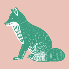 Fototapeta premium Green fox vintage linocut illustration