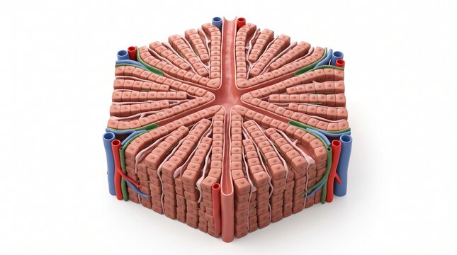 Hepatic lobule liver functional unit 3D illustration white background