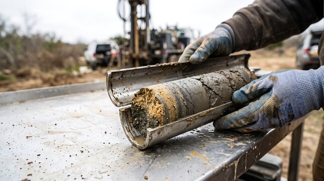 Geologist examining a soil core sample from a drilling rig at a field site