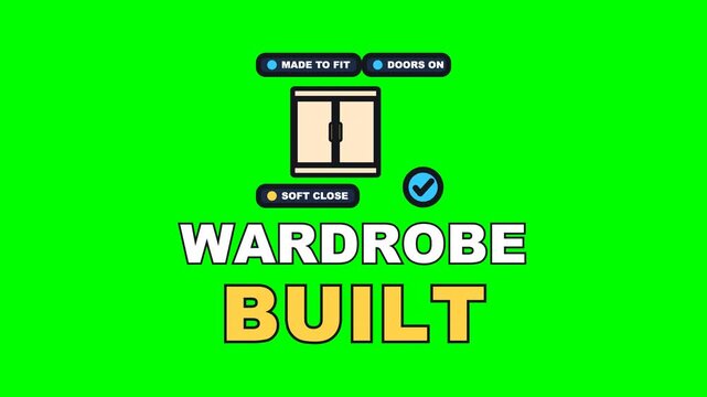 4K green screen WARDROBE BUILT animated text - the carcass coming together panel by panel with the doors last, kinetic typography carpentry overlay for joiner content, chroma key