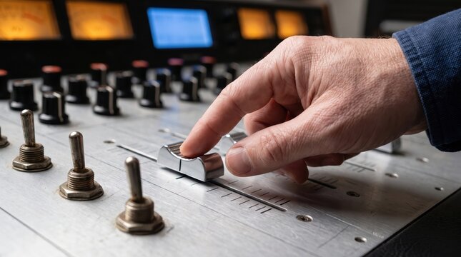 Close-up view of audio producer controlling sound levels and switches on vintage recording console equipment.