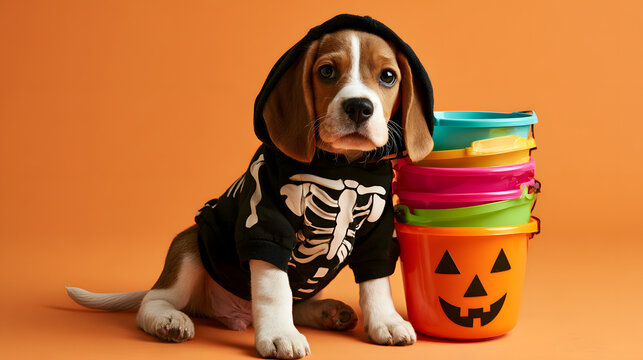 Beagle puppy wearing a black skeleton hoodie sitting next to a stack of colorful pumpkin trick-or-treat candy buckets on an orange background. Festive Halloween pet photo.