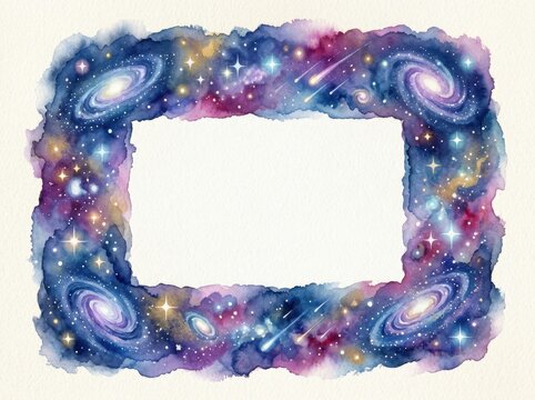 Space frame with watercolor galaxies and stars surrounds a blank rectangular copy space on a white background.