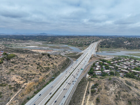 Aerial view of Cardiff by the Sea, beach community in the incorporated city of Encinitas in San Diego County, California, USA. The Pacific Ocean is to the west of Cardiff