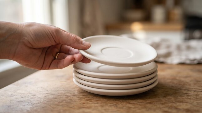 Hand picking up a white ceramic saucer from a stack on a wooden table