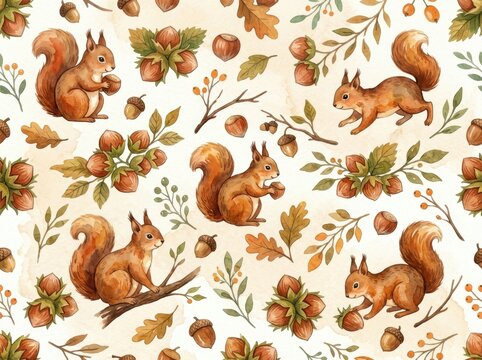Squirrels and acorns form a seamless watercolor pattern for autumn design.