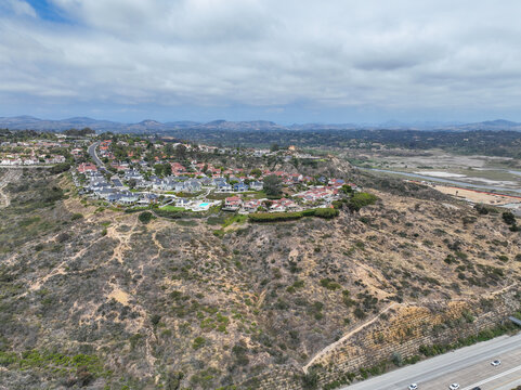 Aerial view of Cardiff by the Sea, beach community in the incorporated city of Encinitas in San Diego County, California, USA. The Pacific Ocean is to the west of Cardiff