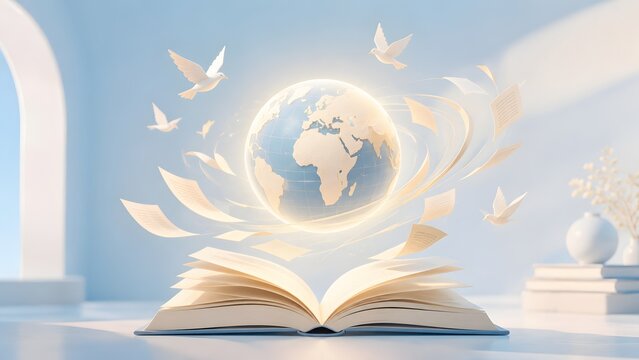 Open Book With Flying Doves And Globe Representing Global Education And Peace