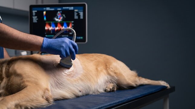 Veterinarian performing ultrasound scan on golden retriever during pet examination in clinical setting