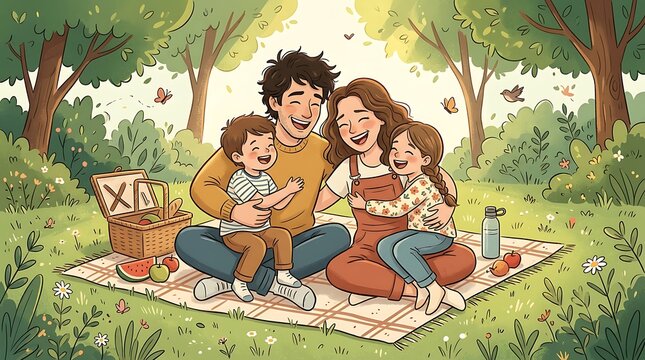Happy family having picnic in a sunny forest