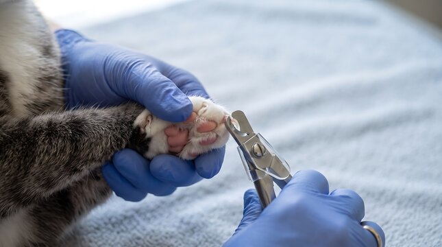 Veterinarian trims cats claws using precision clippers in clinical setting