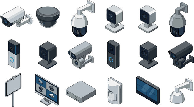 Isometric Security CCTV Camera Icon Set with Smart Doorbell, Monitor System, and Protection Equipment for Home Safety Apps and Surveillance Management Website Designs