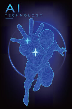 AI technology concept illustration with glowing wireframe human figure reaching out on dark blue background. Futuristic 3D mesh man representing virtual reality, cybernetics, and digital future.