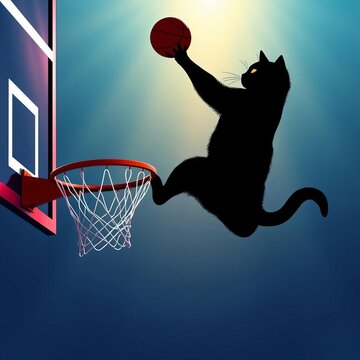 Jumping black cat silhouette in mid-air, paw extended to dunk basketball into hoop, sports, cat