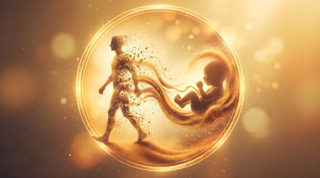 Human Silhouette Transforming Into Newborn Through Sand Particles, Life Cycle, Rebirth and Transformation
