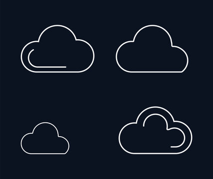 Set of four simple weather cloud icons with outlines on dark background