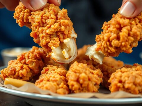 Crunchy fried chicken pieces being devoured with gusto, snack time, indulgent