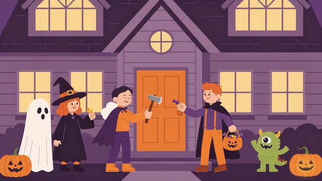 Children Knocking on a Door for Halloween Treats