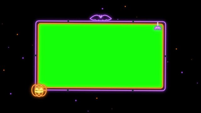 Halloween neon frame with glowing pumpkin and bat animation