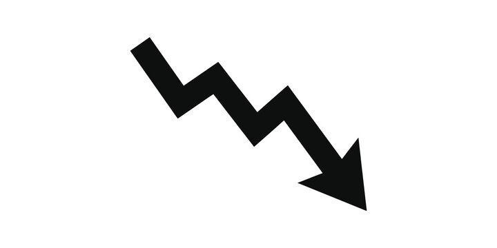 Black falling down arrow zig zag graph flat icon on transparent loss.
