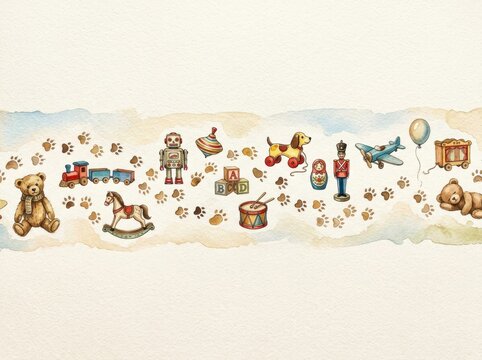 Vintage toy collection border features classic teddy bears, wooden train, drum, and rocking horse along paw prints.