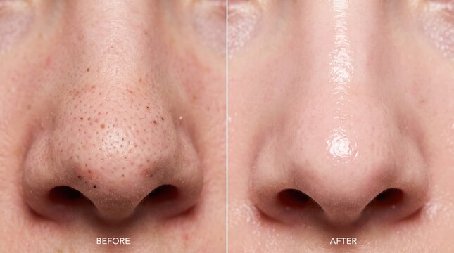 Macro shot showing nose skin before and after blackhead extraction treatment for clear skin.