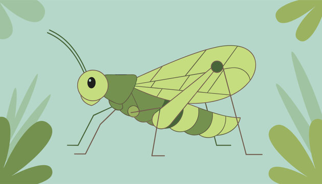Green grasshopper insect stands in its natural habitat surrounded by green leaves and plants in a vector cartoon.