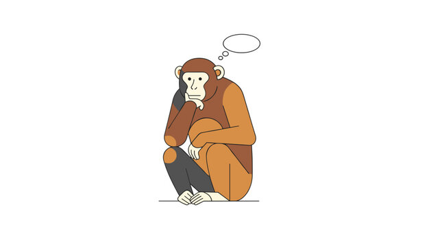 Thoughtful monkey sitting in a crouching pose with a blank thought bubble overhead on a simple white background.