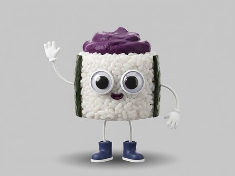 Cute sushi roll character with googly eyes waving hello against gray background