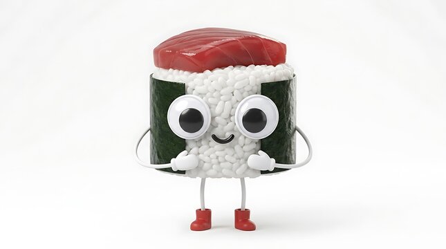 Cute tuna sushi roll character with googly eyes standing on a white background