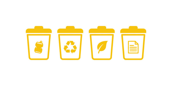 Yellow waste sorting recycle bin outline icons for environmental use.