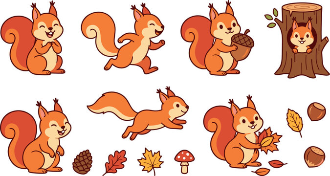PrintCute Cartoon Squirrel Character Sticker Set with Autumn Leaves and Acorn Elements for Kids Forest Storybook Illustrations and Vector Graphic Designs