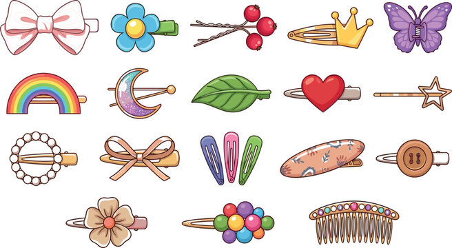 Cute hair clip barrette and accessory doodle line art vector set