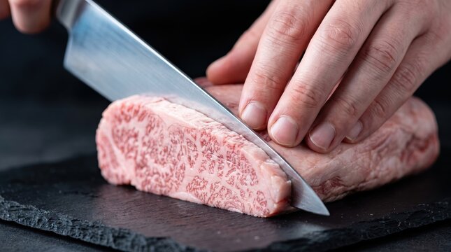 Chef hands using a sharp knife to slice raw premium marbled beef steak on a black slate board.
