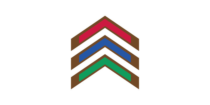 Military chevron rank stripes in red blue and green colored insignia.
