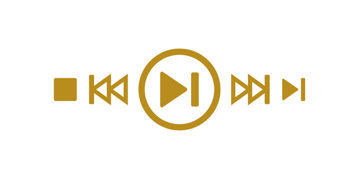 Multimedia control buttons gold icons set for digital interface software.