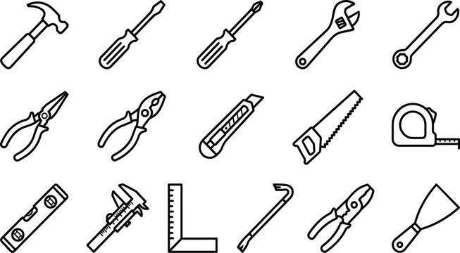 Hand tools and hardware repair equipment line icon set vector