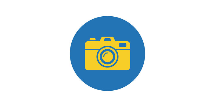 Photo camera flat icon blue circle design for digital media application.