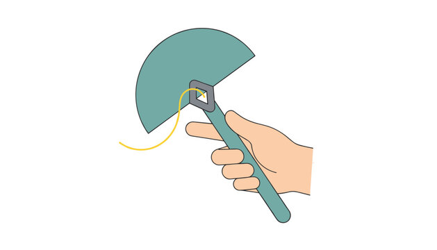 Close-up of a human hand holding a handmade green clinometer with a string plumb line to measure elevation angles.