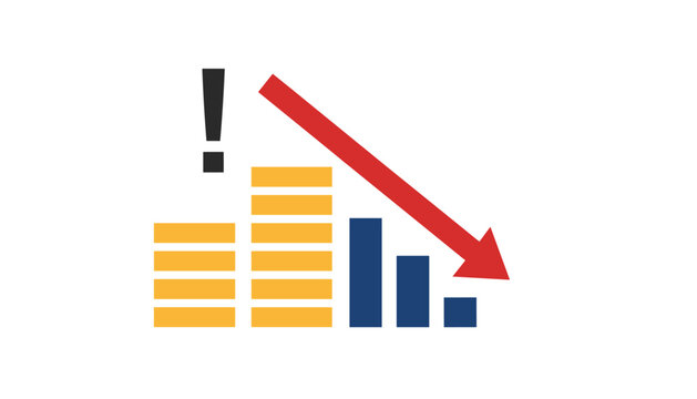 Financial infographic showing a decreasing trend with a red down arrow, stacks of gold coins, and falling blue bars.