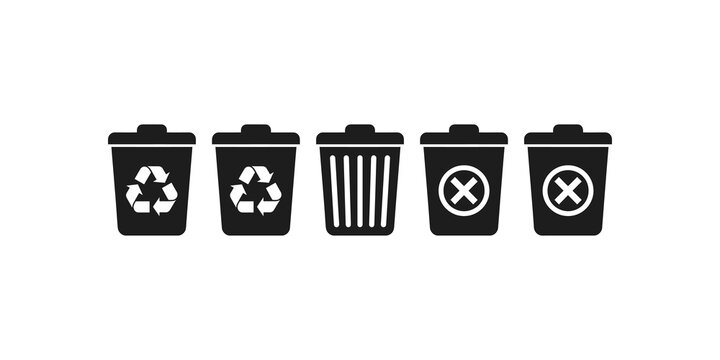 Five dark trash cans with recycling and delete symbols on transparent background.