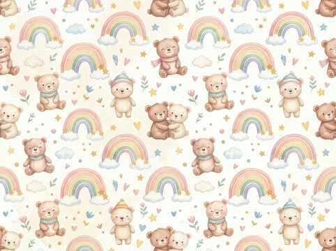Teddy bear seamless pattern features pastel rainbows, clouds, and stars in a cute watercolor nursery design.