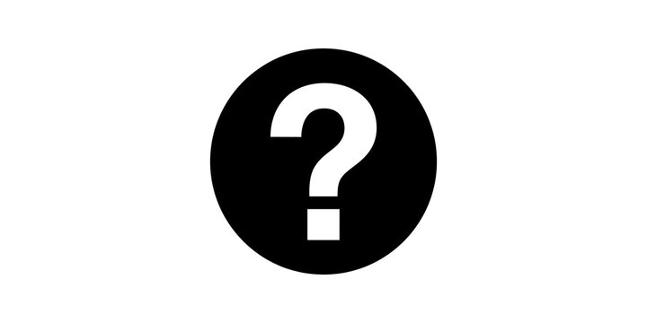 Solid black question mark within a circular button for help or inquiry.