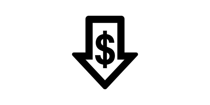Black dollar sign inside downward arrow for price reduction concept.