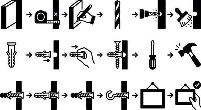 Wall plug installation process step by step guide black line art icon set vector