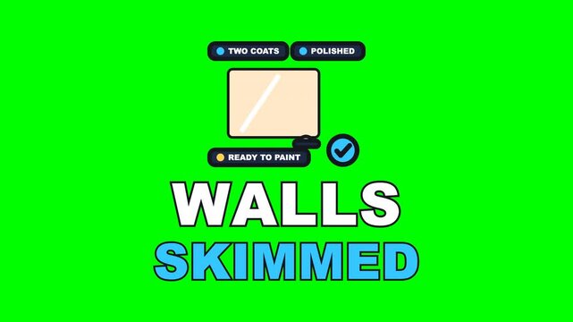 4K green screen WALLS SKIMMED animated text - the trowel sweeping the wall flat and polished, kinetic typography plastering overlay for trade content, chroma key
