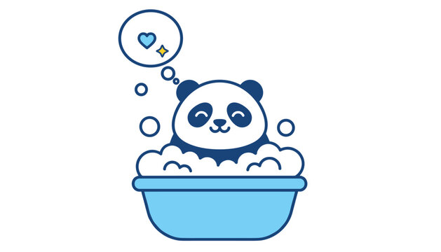 Cute cartoon giant panda taking a relaxing bubble bath with white soap suds in a light blue tub on a white background.