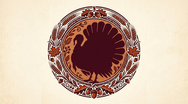 Vintage thanksgiving turkey illustration with ornate decorative circular floral border