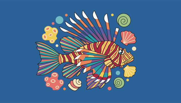 Decorative and highly detailed colorful lionfish illustration swimming among seashells and corals over a dark blue background.